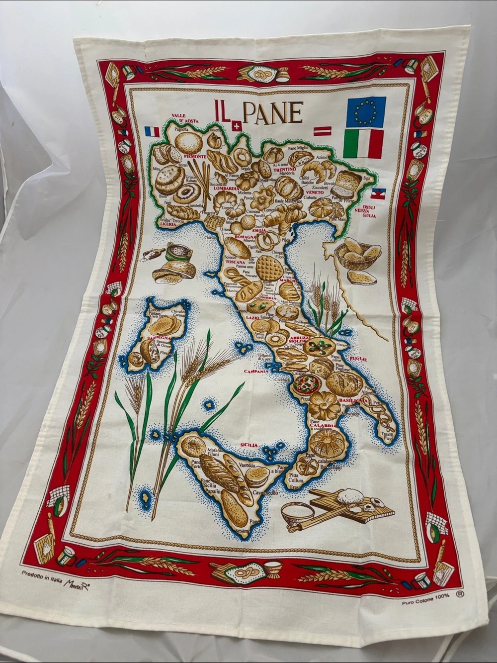 MonveniR Vintage Italian Il Pane Bread Map Tea Towel - Red, Cream, Blue
